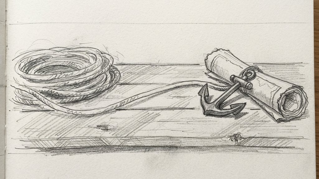 A coil of blue cable unspooling across a wooden table toward a small brass anchor and a rolled sea chart, with nothing else in frame.
