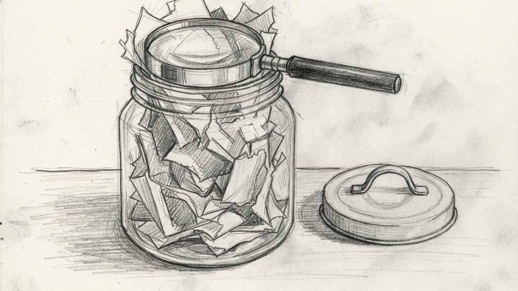 A glass jar with its lid off, spilling paper scraps, with a magnifying glass resting across its open mouth on a plain table.