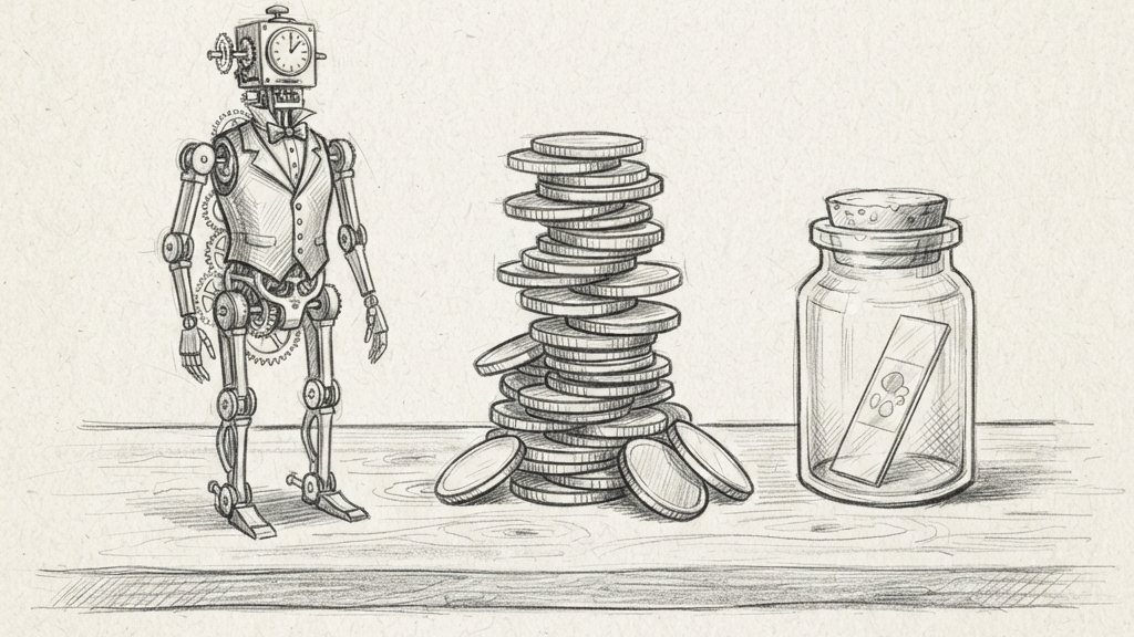 A brass clockwork automaton beside a tall stack of gold coins and a glass specimen jar with a microscope slide, on a plain table.
