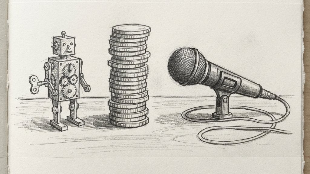 A small brass clockwork automaton beside a tall coin stack and a silent, unplugged microphone on a wooden desk.