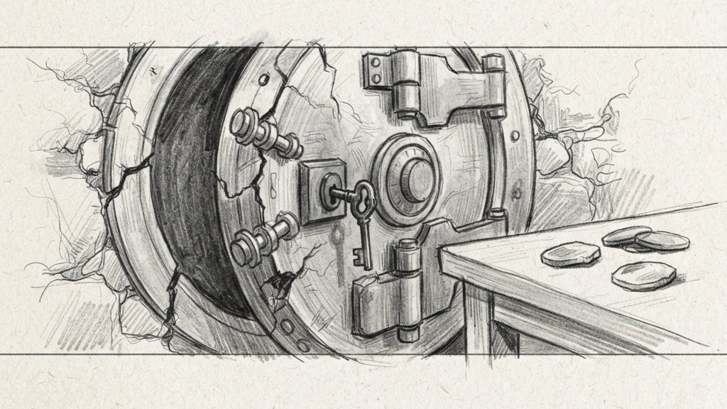 A cracked vault door stands ajar with a single key left in its lock and a few scattered coins on a bare table.