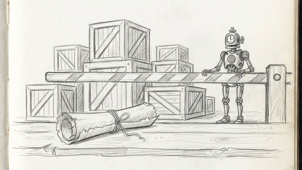 A closed barrier arm blocks a stack of unopened shipping crates, with a small brass automaton waiting on the far side and a rolled waiver scroll tied with string.