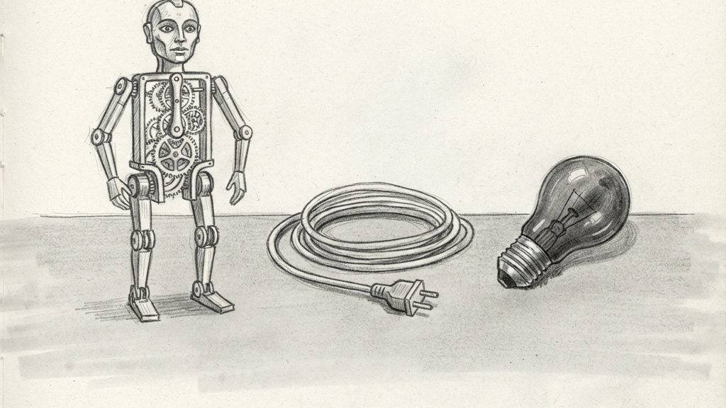 A brass clockwork automaton stands beside an unplugged cable and a dark light bulb, its gears stopped, on a plain grey tabletop.