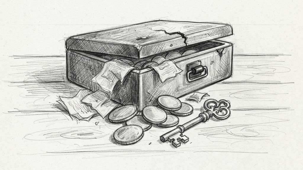 A brass key and a cracked open safe-deposit box on a wooden desk, with its loose contents spilling out across the surface.