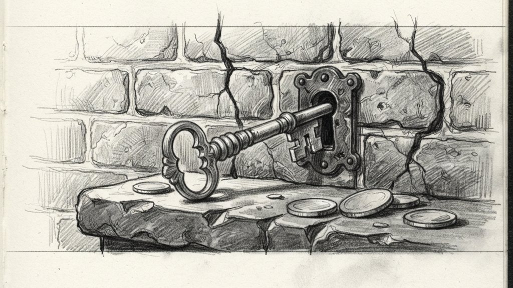 A cracked brick wall with a large brass key left in its lock, lit softly on a dark stone surface.