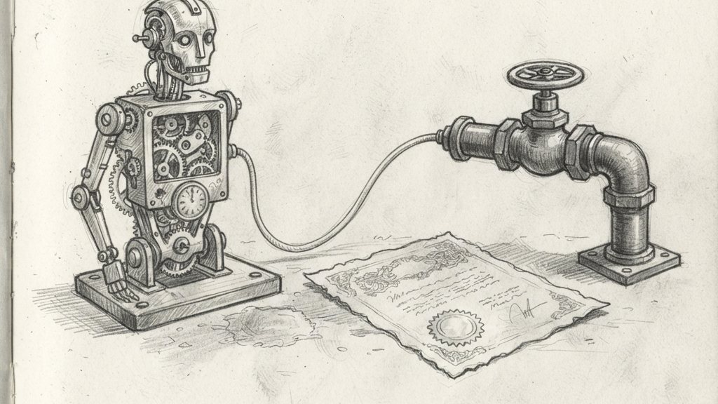 A brass clockwork automaton is connected by a thin cable to a gas pipe whose valve is closed, its gears stopped beside a single stamped document.