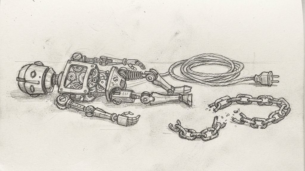 A brass clockwork automaton lies frozen beside an unplugged cable and a broken chain on a plain surface.