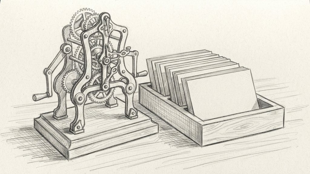 A brass clockwork automaton beside a stack of identical blank cards, each card resting in a separate wooden box on a shared table.