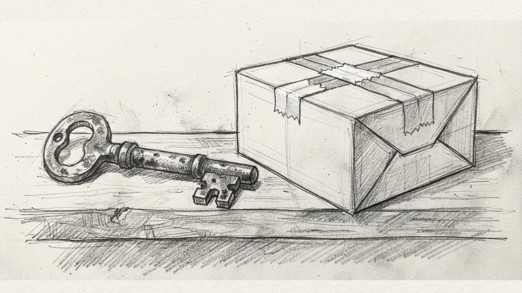 A rusted master key rests unrevoked on a shelf beside a sealed package box whose seal has been swapped for a lookalike, with no text.