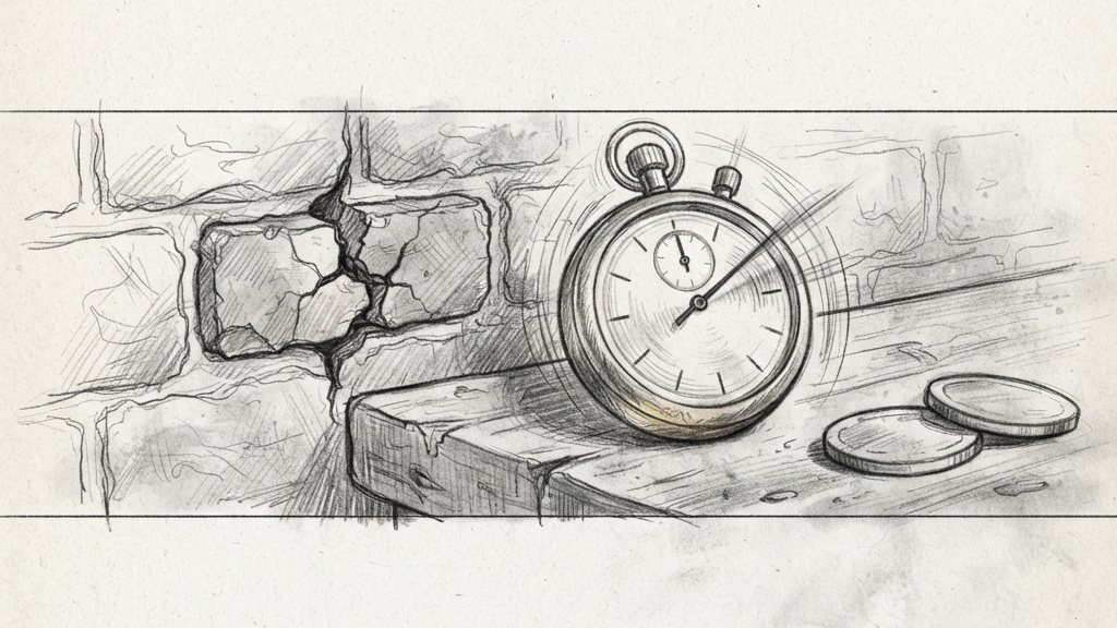 A cracked brick in a stone wall beside a brass stopwatch whose hands race forward, on a dim workbench.