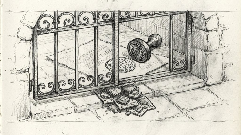 A closed iron gate with a stamp resting on a document, while a small stack of microchips spills through a gap beneath it.