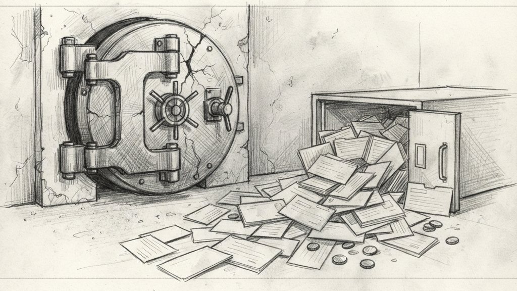 A cracked vault door standing ajar over a tipped-over drawer of index cards, implying personal records spilled into the open.