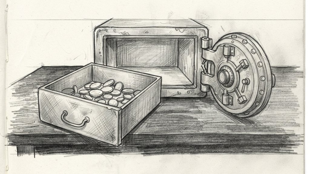 An emptied safe-deposit box with its drawer pulled out and a cracked vault door hanging open on a broken hinge, set on a dark table.