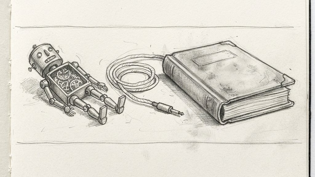 A small brass clockwork automaton lies on its side beside an unplugged cable and a closed, unclasped ledger, all resting on a plain desk.