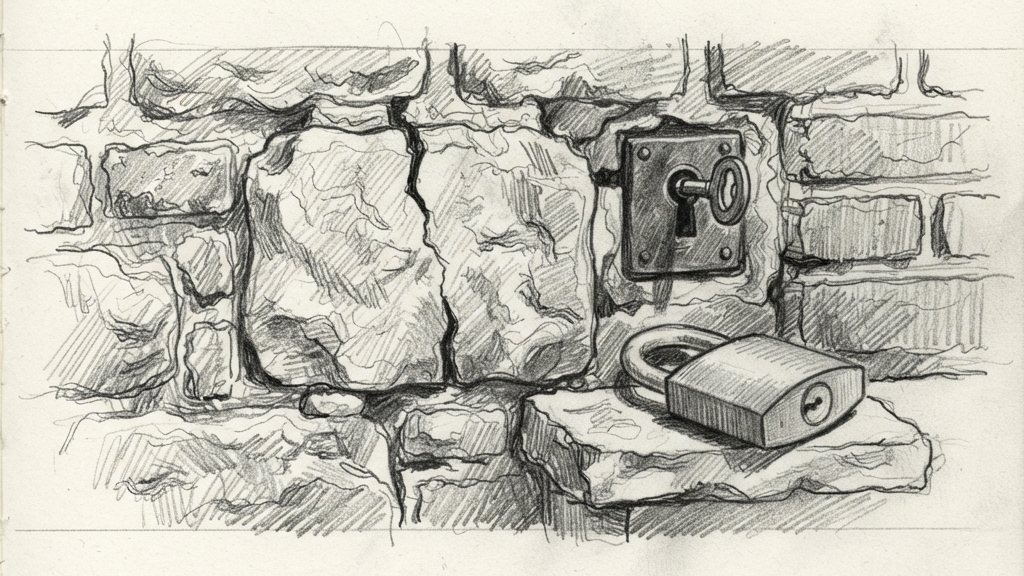 A cracked brick in a stone wall with a key left in a lock beside it, and a new brass padlock resting unused on the ledge.