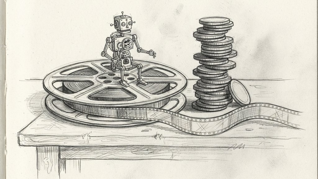 A long film reel unspools across a tabletop beside a tall stack of coins, with a small brass clockwork automaton perched on the reel.
