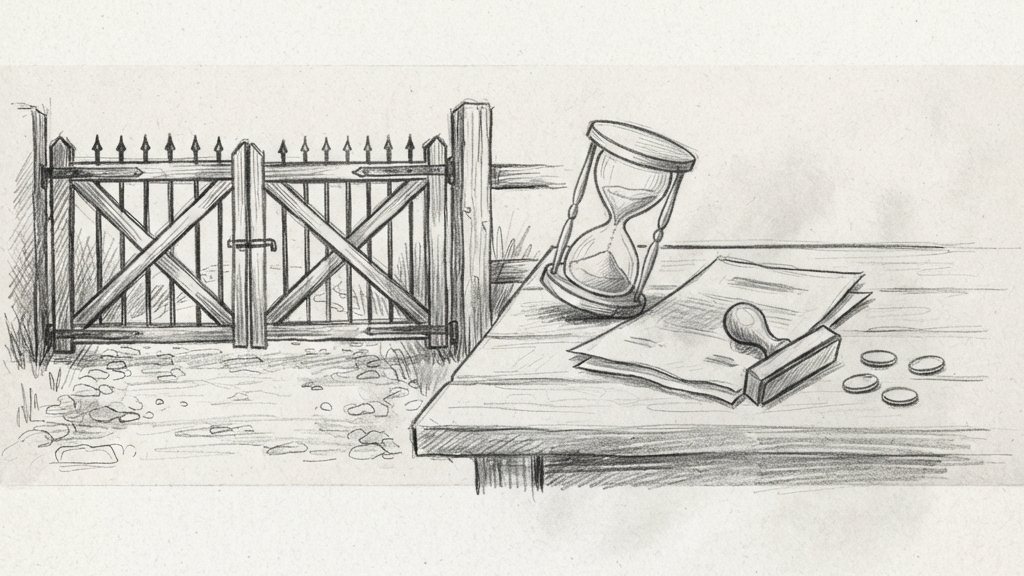 A closed gate across a path, with a rubber stamp and folded contract beside it, an hourglass tipped on the table.