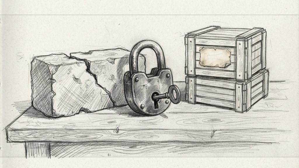 A cracked brick resting in front of a key left in a lock, both on a wooden table beside a small stack of sealed crates.