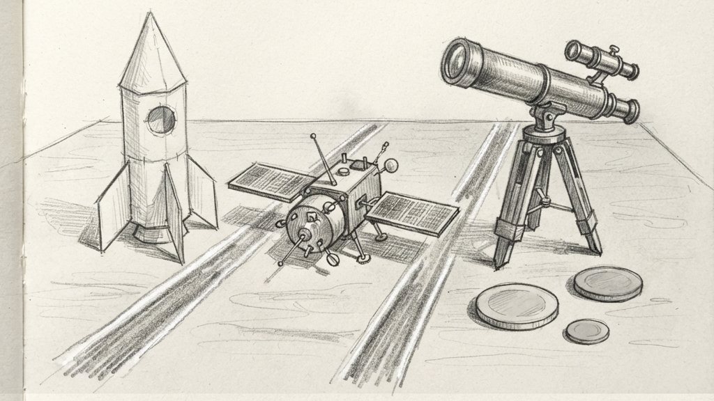 A small satellite model sits between two chalk-drawn paths on a table, with a paper rocket and a telescope nearby, all in soft still-life light.