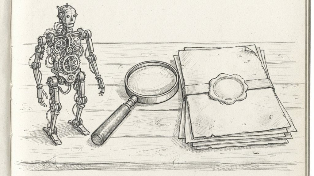 A brass clockwork automaton beside a magnifying glass and stacked papers, one sheet held under a blank wax seal, on a plain surface.