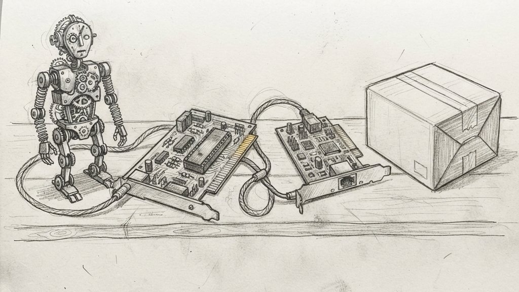 A brass clockwork automaton, a microchip and a network card sit on a wooden board, with cables linking them and an unopened box beside them.