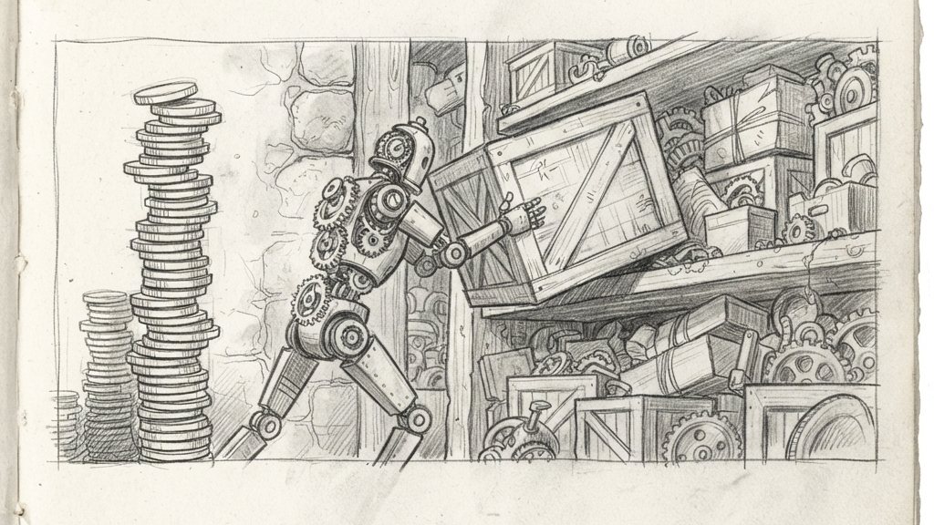 A brass clockwork automaton strains to push a heavy crate onto a shelf already crowded, while a tall stack of coins rises beside it.