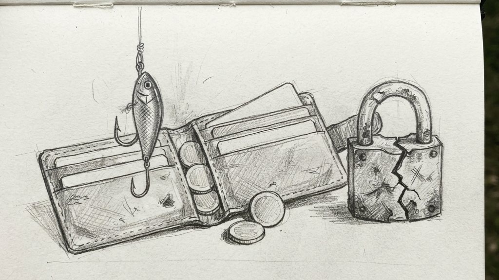 A fishing hook baited with a shiny lure hangs over an open card wallet, with a cracked padlock resting beside it.