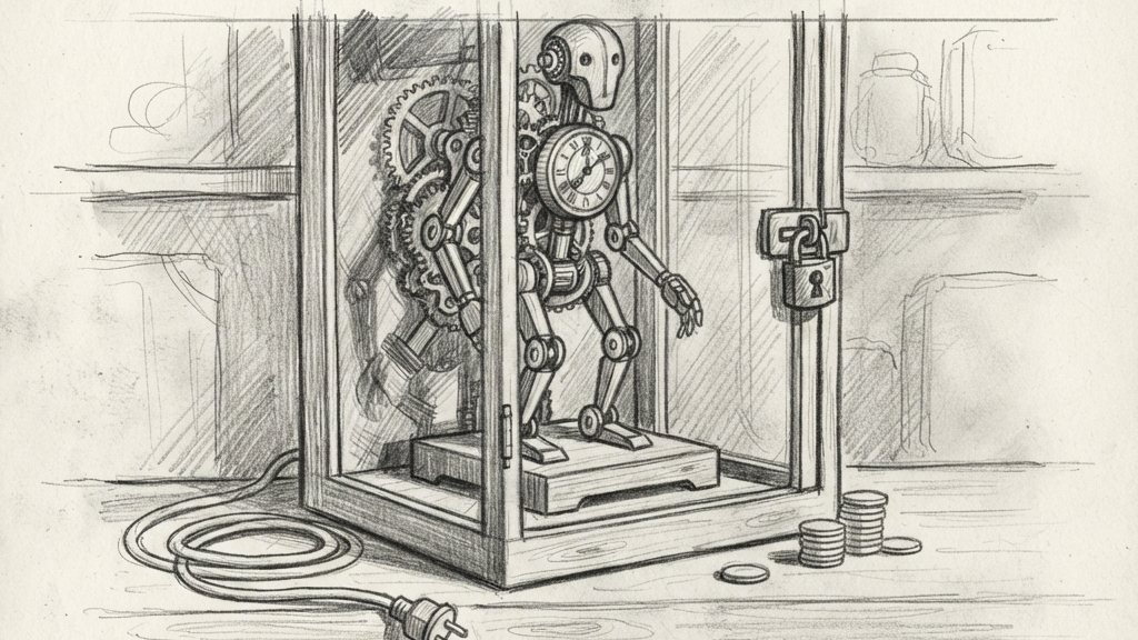 A brass clockwork automaton sealed inside a glass cabinet, its cable unplugged and the door locked with a padlock.